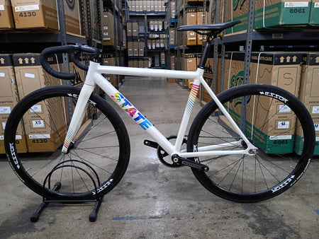 product #1383 – Undefeated Track | White Prism / Drop Bars (Size 49cm, Used / Very Good Condition – Team Rider Build)